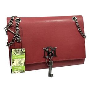 Badgley Mishcka red/burgundy metal silver fringe crossbody. Vegan leather.